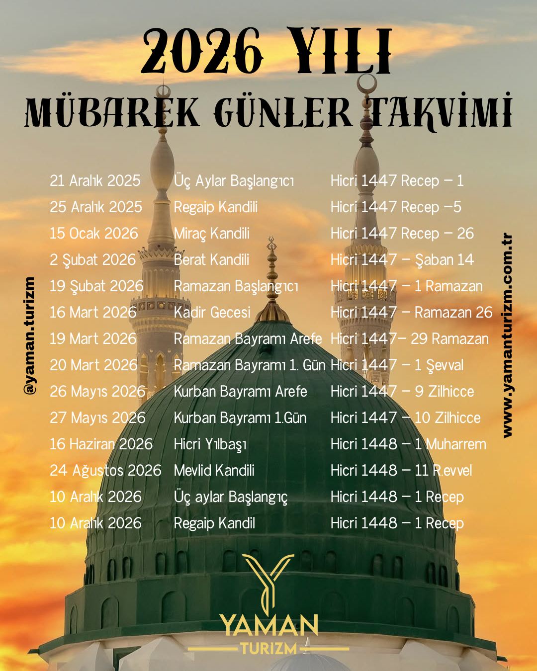 2026 Mübarek Günler Takvimi — hicrî karşılıklarıyla